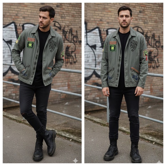 Scotch & Soda Military Jacket Green Patches Japanese Art Grunge Utility Size M - Picture 12 of 17